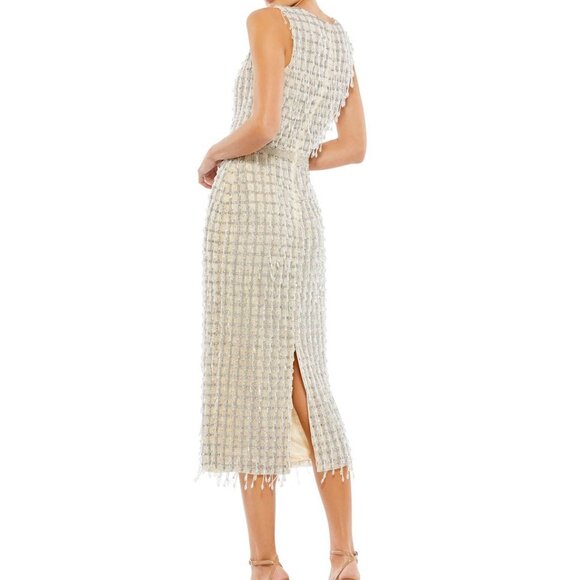 NWT MAC DUGGAL EMBELLISHED HIGH NECK FRINGED MIDI SHEATH DRESS NUDE 5471 - Picture 6 of 8